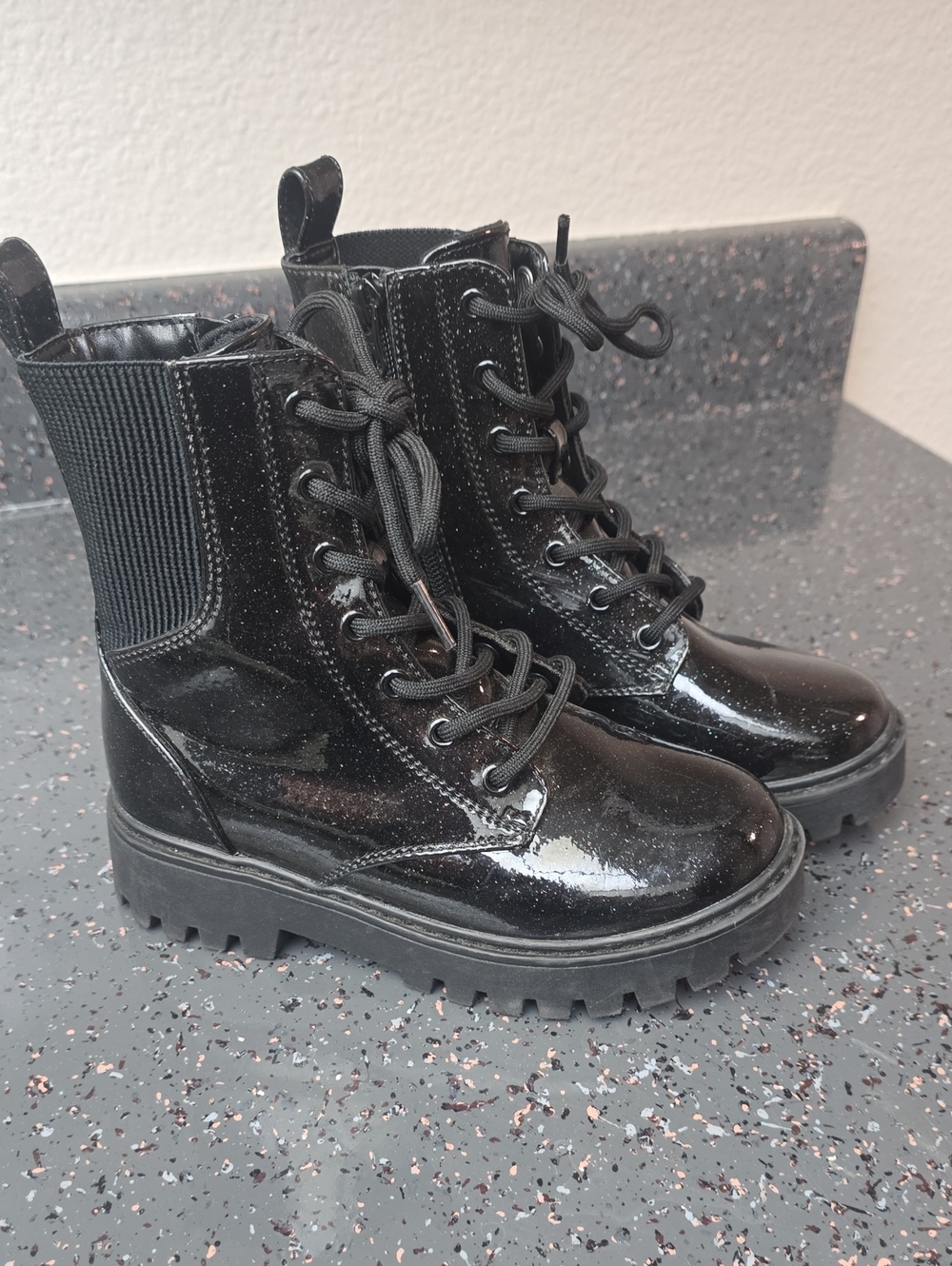Kids Black Glitter Patent Lace-Up Combat Boots